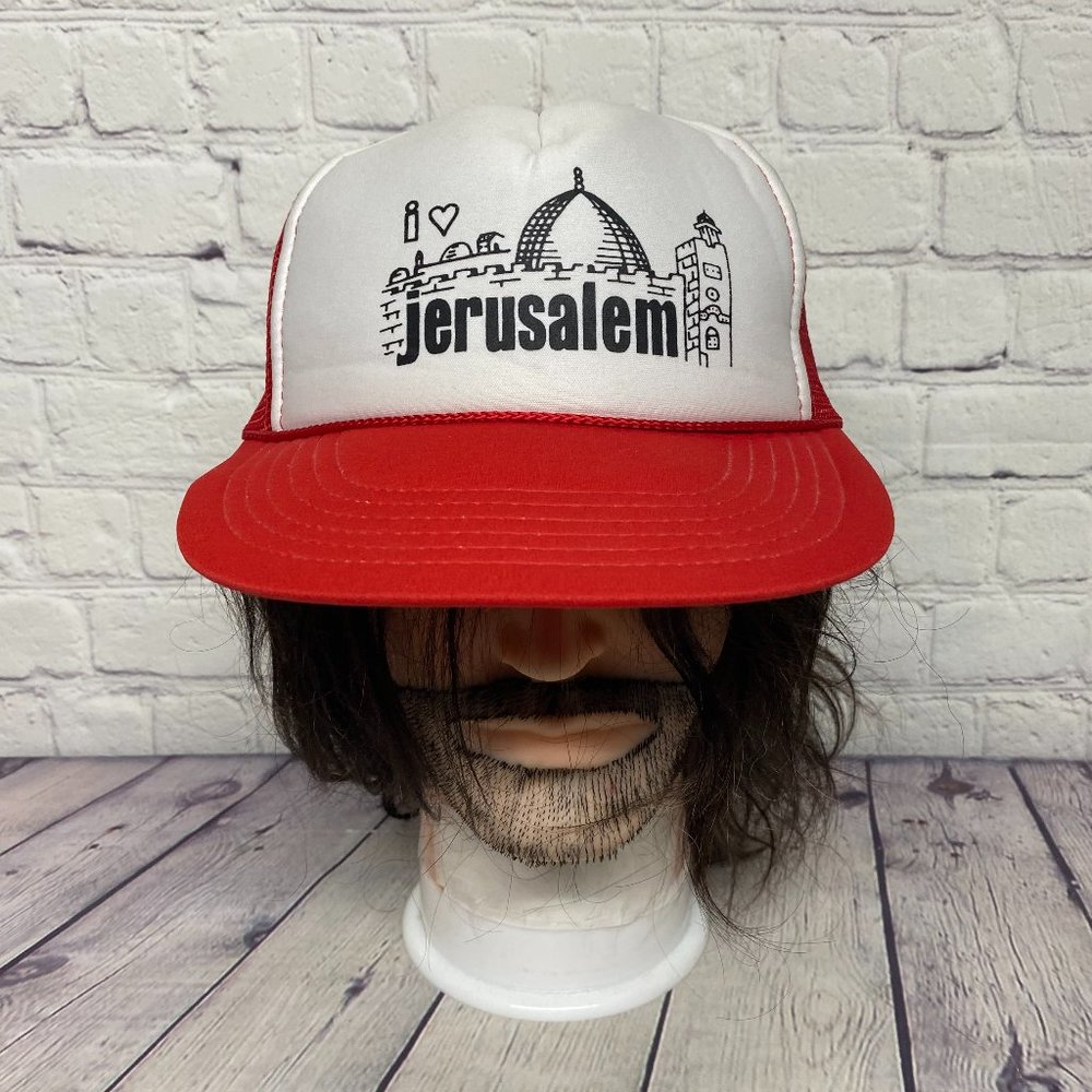 Vintage Trucker Hat Mesh Cap Snapback Red White I Love Jerusalem Graphic Print